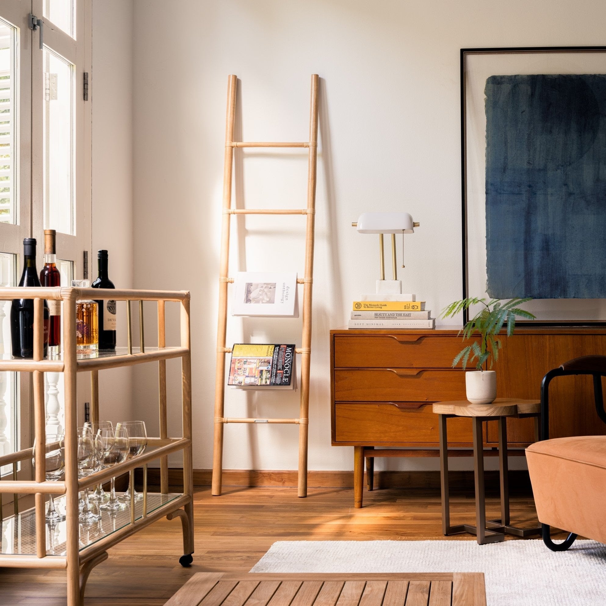 BROOK Bar Cart & REI Cane Ladder in Natural