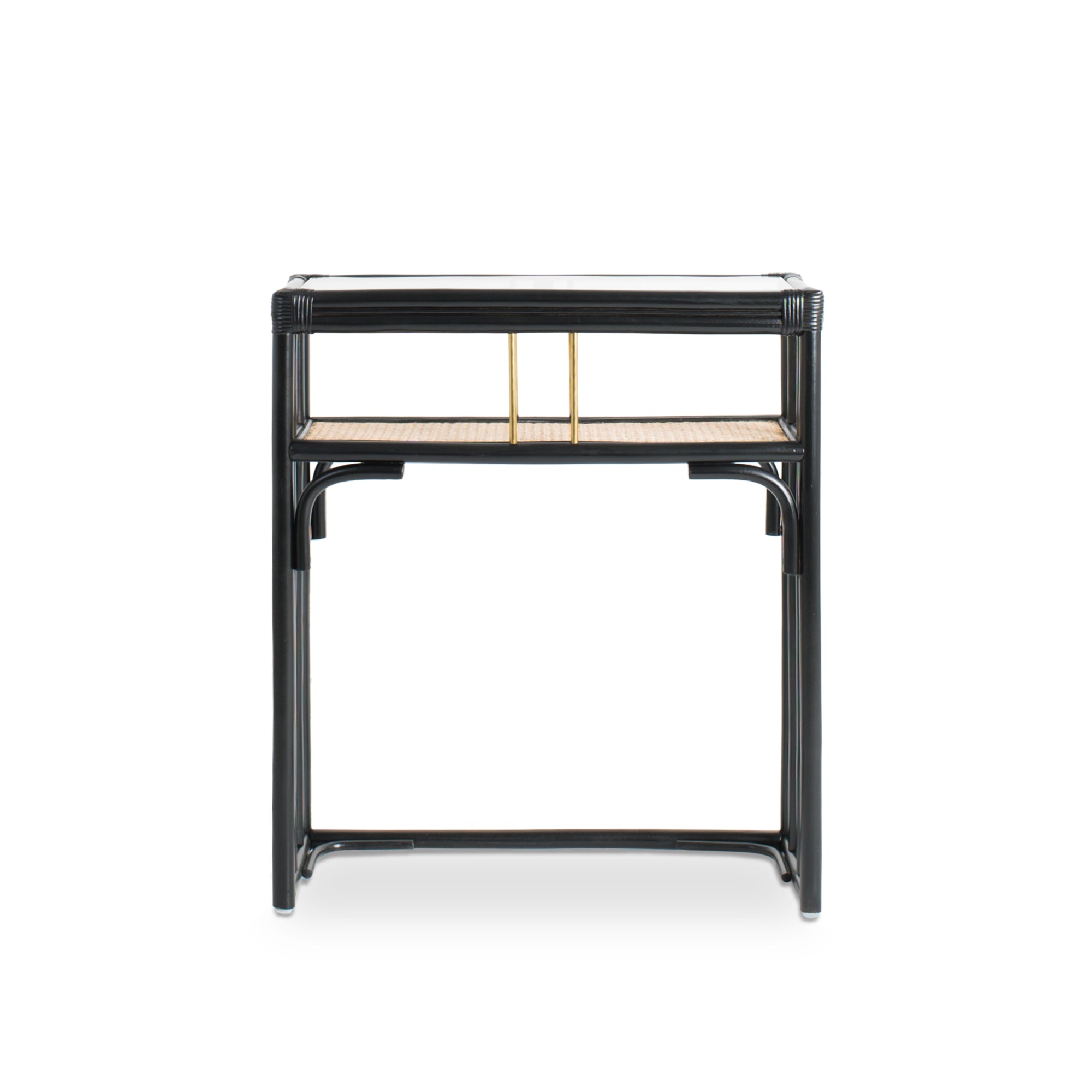 Minimalist black rattan console table with a sleek design and sturdy construction, perfect for adding functional elegance to any entryway or living space. Designed in Singapore, it features a balanced combination of form and function, offering ample surface space while maintaining a lightweight, airy aesthetic.