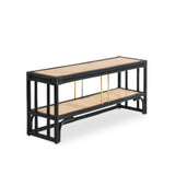 Black rattan shoe bench with an open-concept, double-layer design, offering ample storage for shoes and more. Designed in Singapore, it seamlessly blends natural elegance with functionality, perfect for modern entryways.
