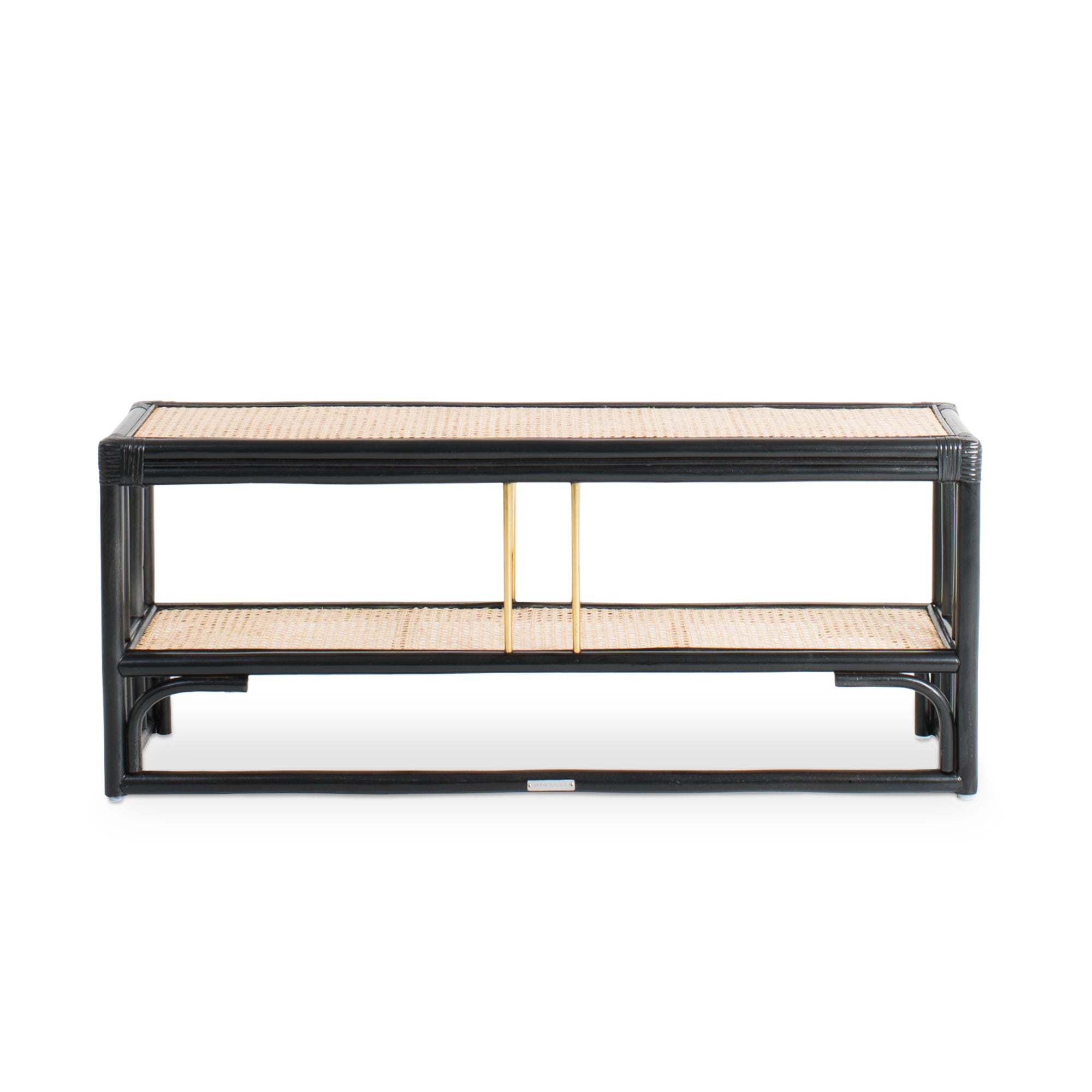 Black rattan shoe bench with an open-concept, double-layer design, offering ample storage for shoes and more. Designed in Singapore, it seamlessly blends natural elegance with functionality, perfect for modern entryways.