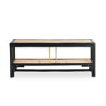 Black rattan shoe bench with an open-concept, double-layer design, offering ample storage for shoes and more. Designed in Singapore, it seamlessly blends natural elegance with functionality, perfect for modern entryways.