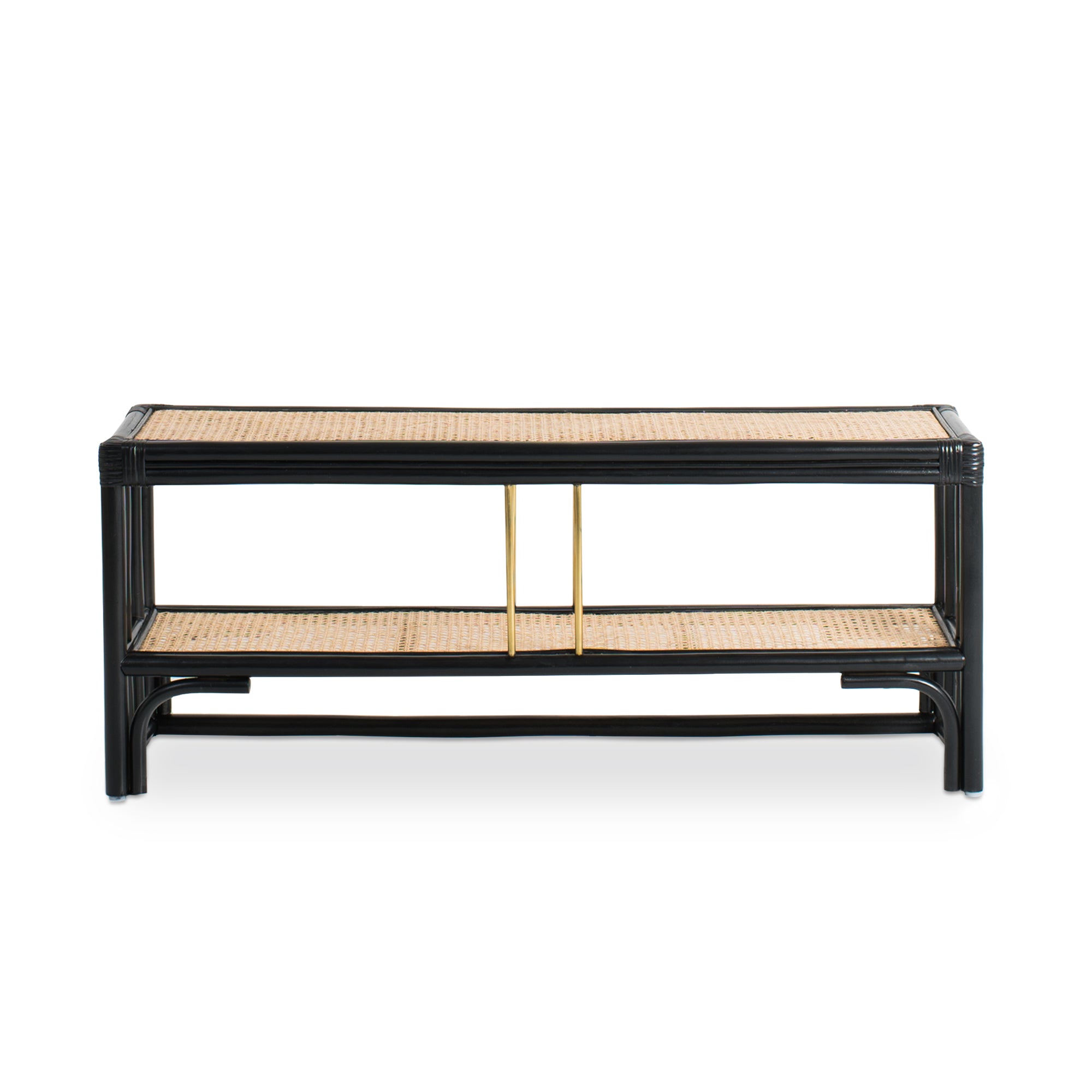 Black rattan shoe bench with an open-concept, double-layer design, offering ample storage for shoes and more. Designed in Singapore, it seamlessly blends natural elegance with functionality, perfect for modern entryways.