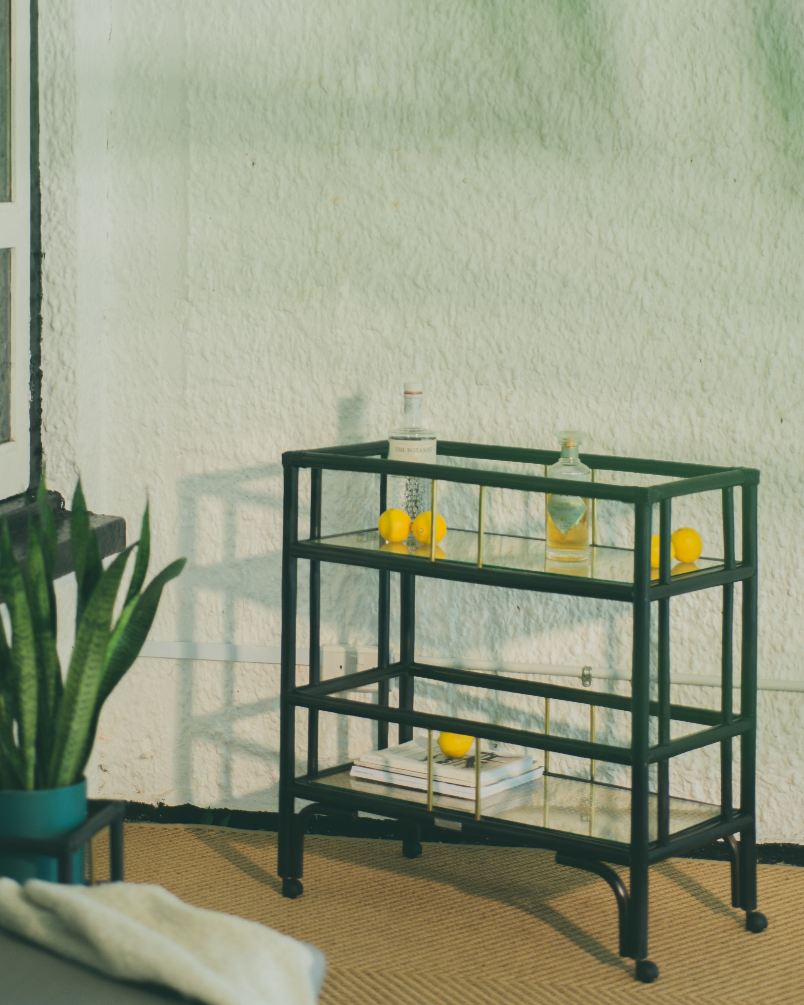 Stylishly arranged BROOK Bar Cart in a dining room, perfect for entertaining.