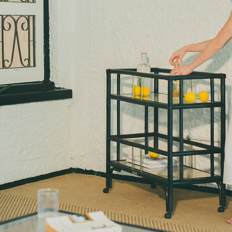 Stylishly arranged BROOK Bar Cart in a dining room, perfect for entertaining.